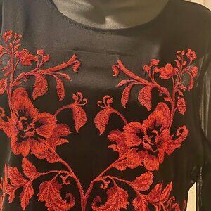 INC Exquisite Red Floral Embroidery Black Sheer Top Size PXL